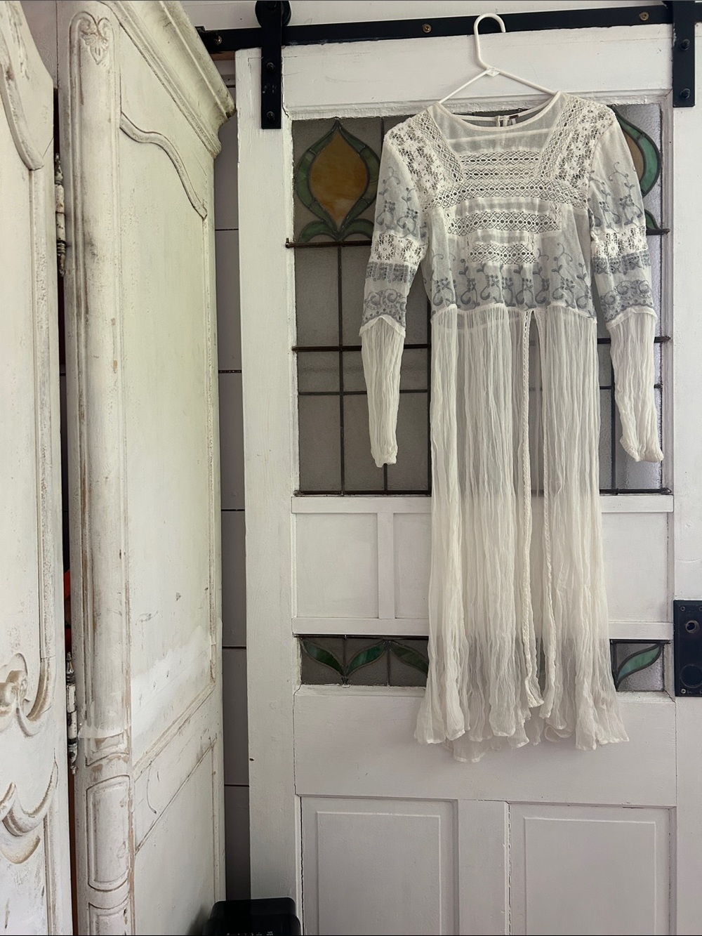 free People Boho White Embroidered Long Sleeve Maxi Dress